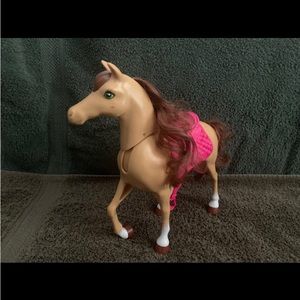 10” Play Horse with Forward Movable Head, and Pink Saddle for Dolls. Tan & Brown